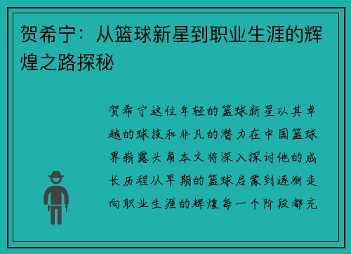 贺希宁：从篮球新星到职业生涯的辉煌之路探秘